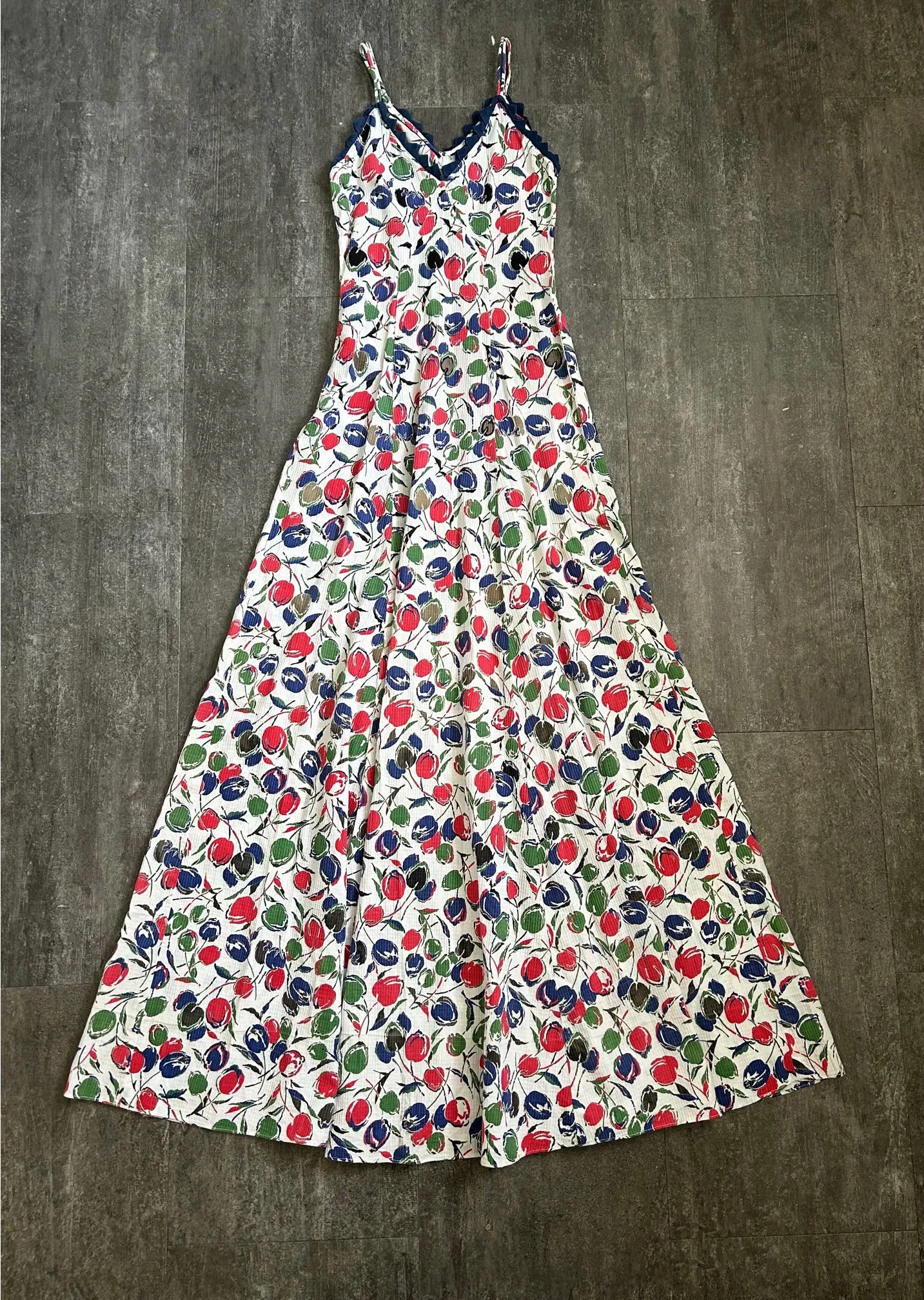 1930s cherry print dress . vintage sleeveless gown . size xs to small
