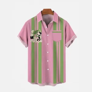 50s Retro Camping Stripe Cartoon Print Chest Pocket Short Sleeve Shirt