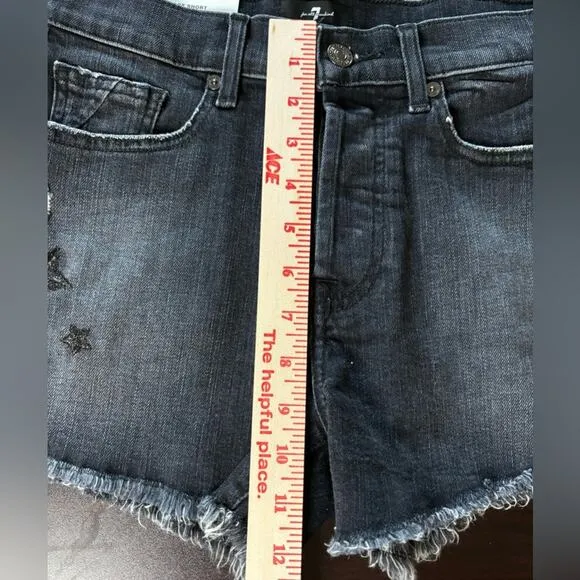 7 For All Mankind Monroe Cut Off Denim Shorts Eclipse Black Star 25 Button Fly