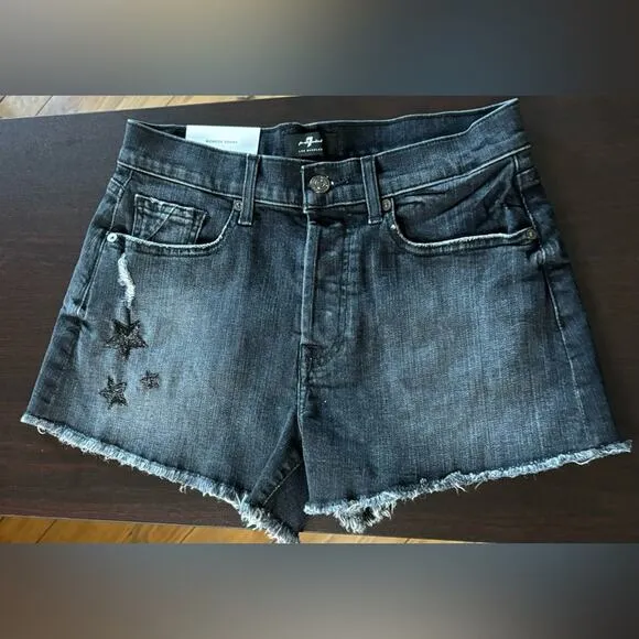 7 For All Mankind Monroe Cut Off Denim Shorts Eclipse Black Star 25 Button Fly