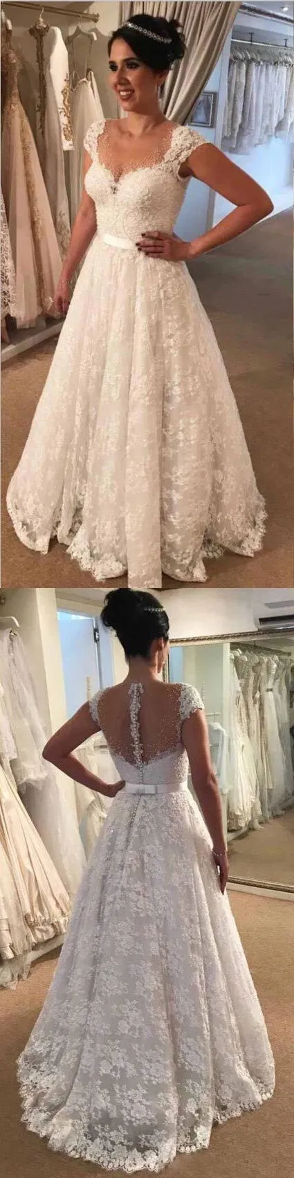A-Line Cap Sleeves Lace Elegant Fall Wedding Dresses, Free Custom High Quality Bridal gown, WD0202