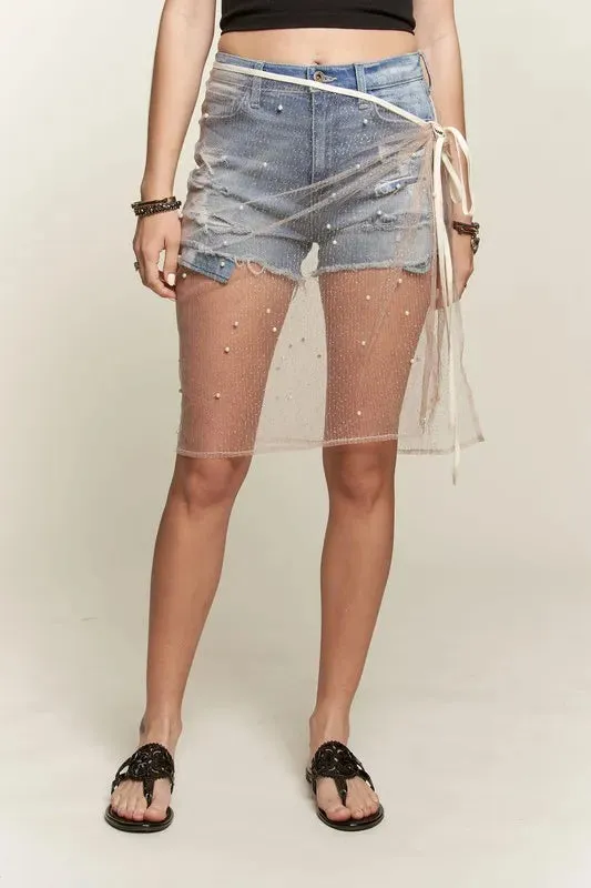 ADORA Pearl Accent Glitter Mesh Layered Cover-Up Skirt