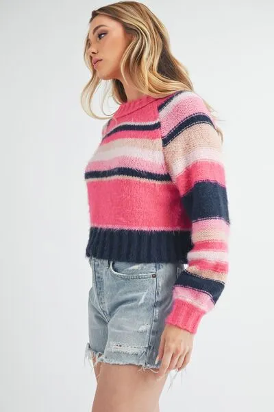 Aemi   Co Striped Ribbed Neckline Raglan Sleeve Sweater