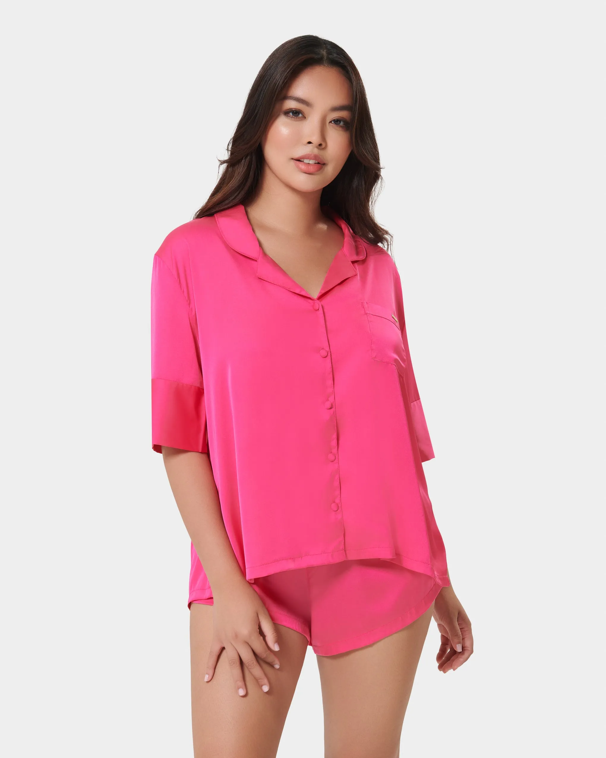 Alma Luxury Satin Short Pajama Set Fuchsia Pink