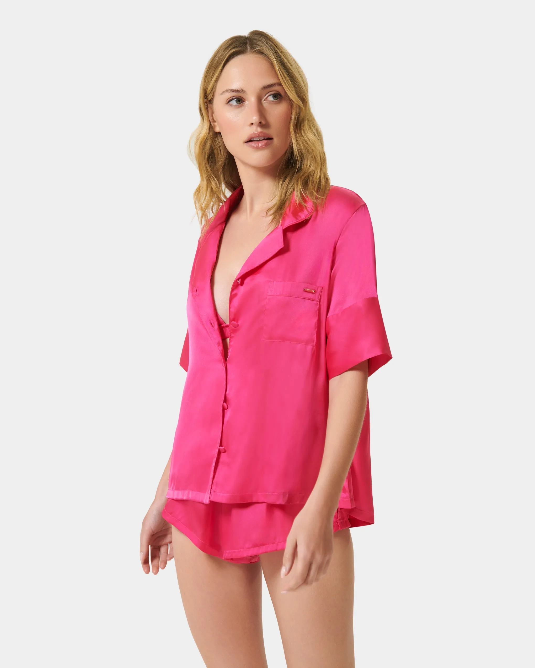 Alma Luxury Satin Short Pajama Set Fuchsia Pink
