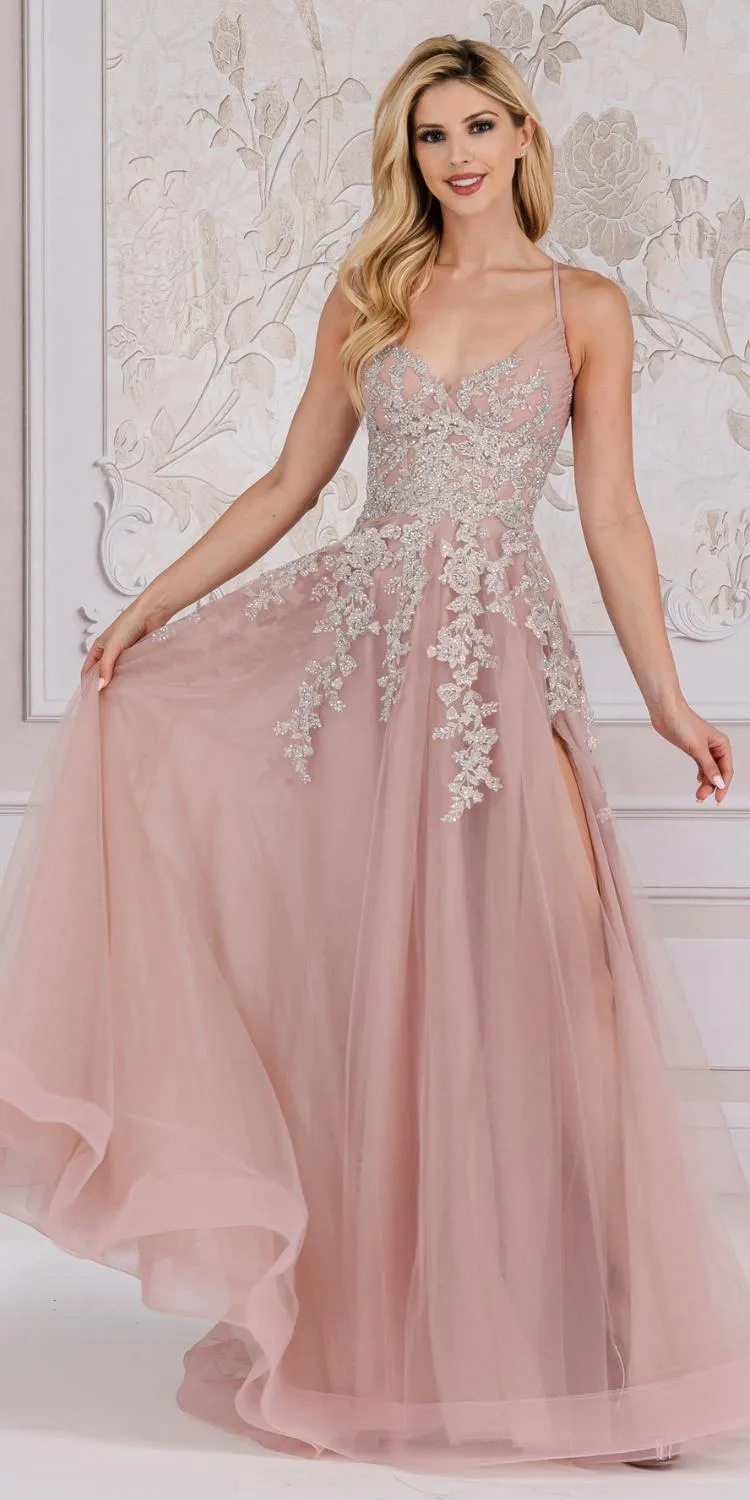Amelia Couture TM1006 Long A-Line Embroidered Bodice Leg Slit Dress