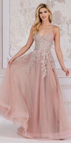 Amelia Couture TM1006 Long A-Line Embroidered Bodice Leg Slit Dress