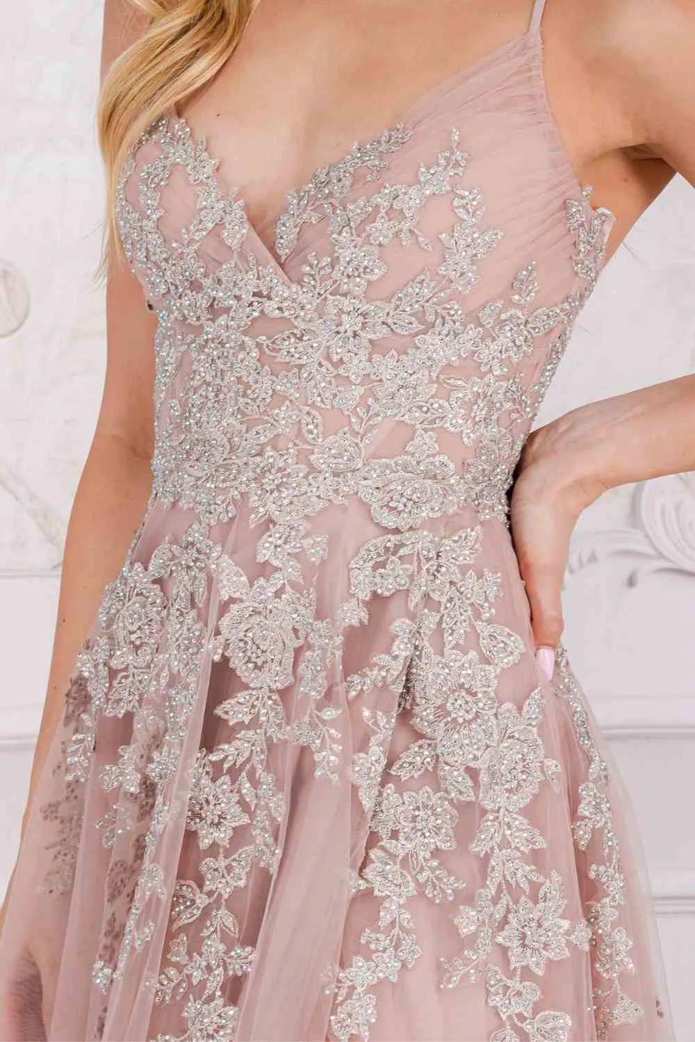 Amelia Couture TM1006 Long A-Line Embroidered Bodice Leg Slit Dress