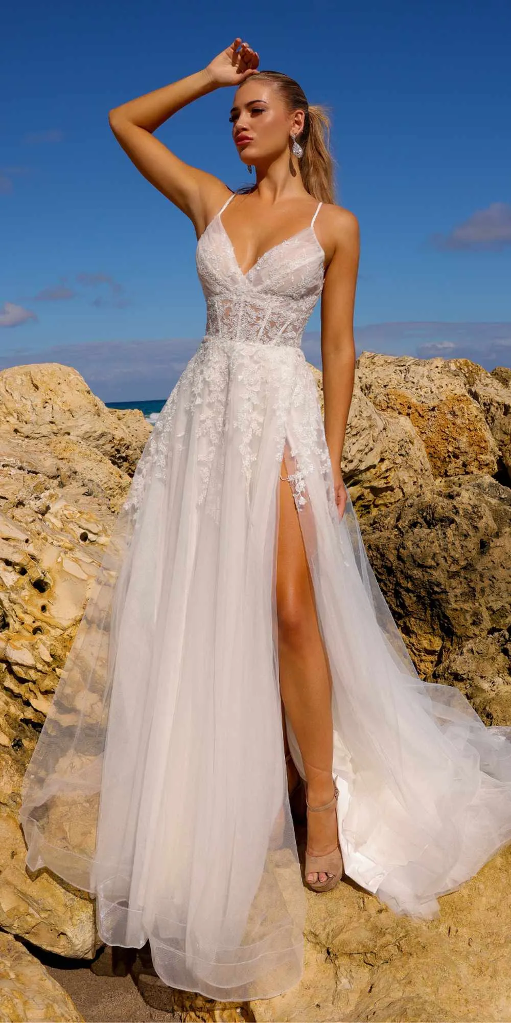 Amelia Couture TM1006 Long A-Line Embroidered Bodice Leg Slit Dress