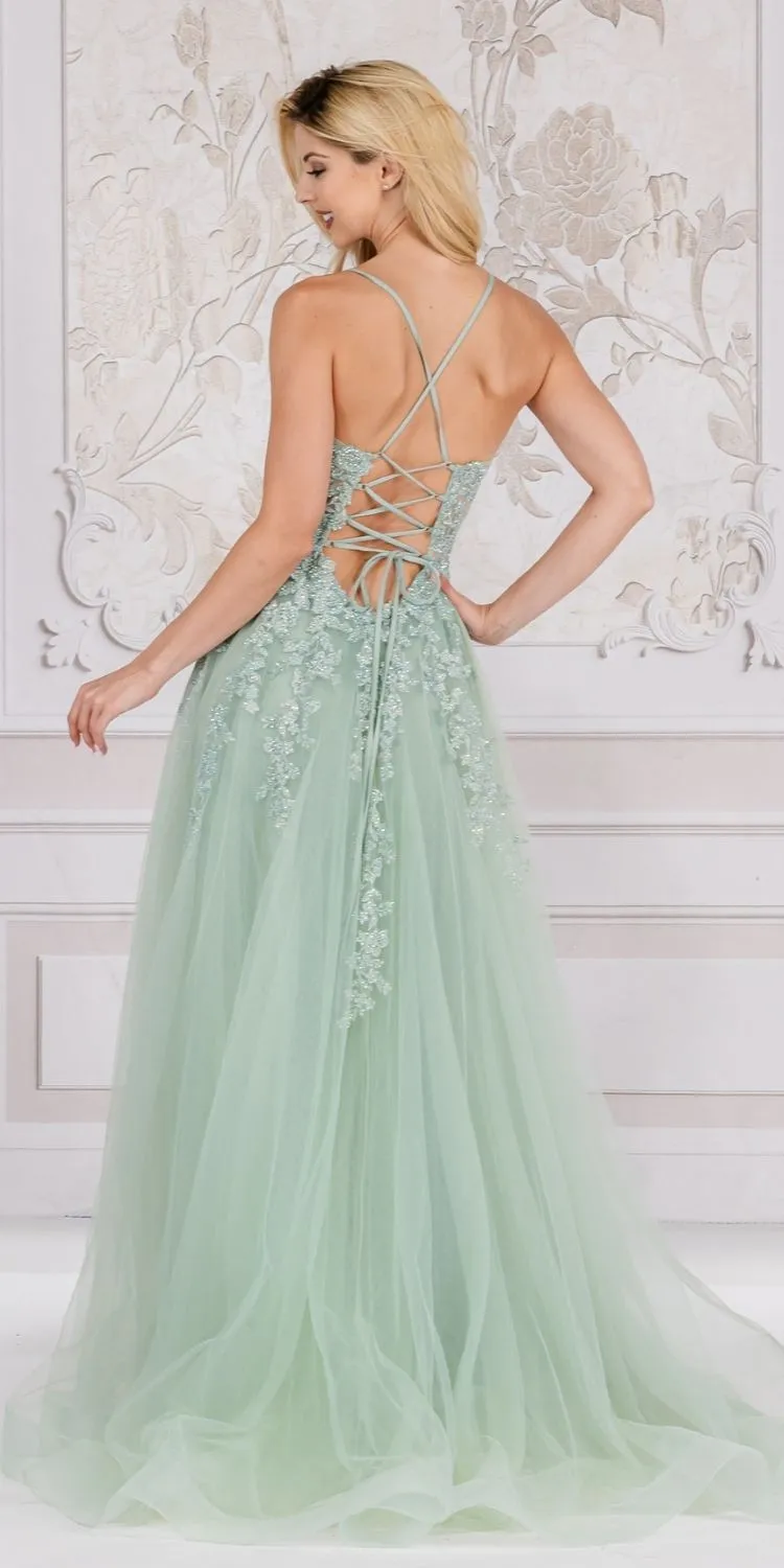 Amelia Couture TM1006 Long A-Line Embroidered Bodice Leg Slit Dress