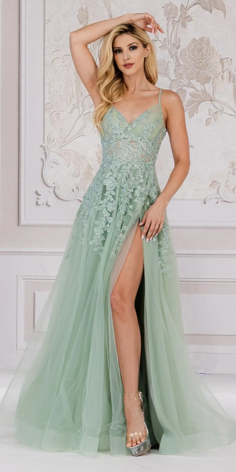 Amelia Couture TM1006 Long A-Line Embroidered Bodice Leg Slit Dress