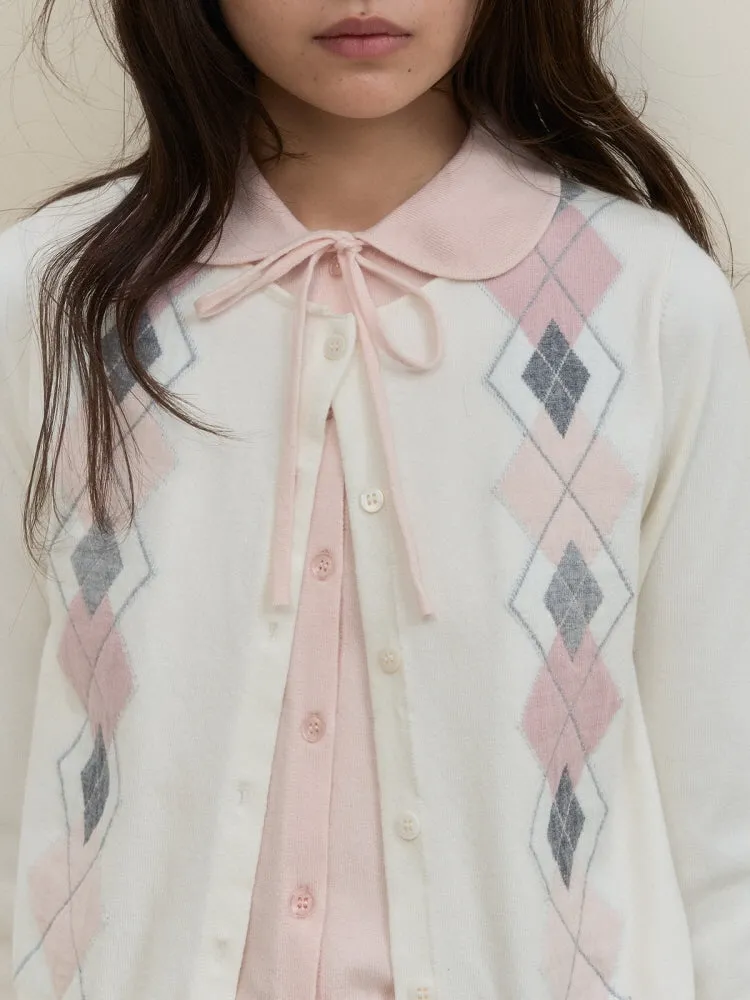 Argyle Ribbon Collar Knit Cardigan