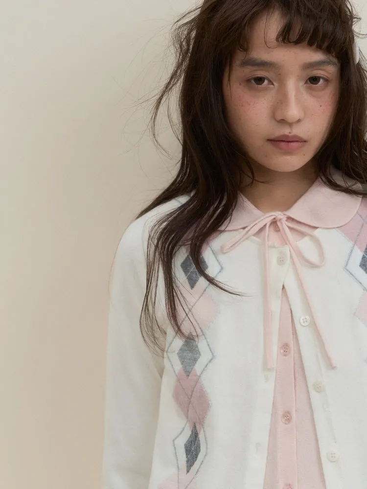 Argyle Ribbon Collar Knit Cardigan