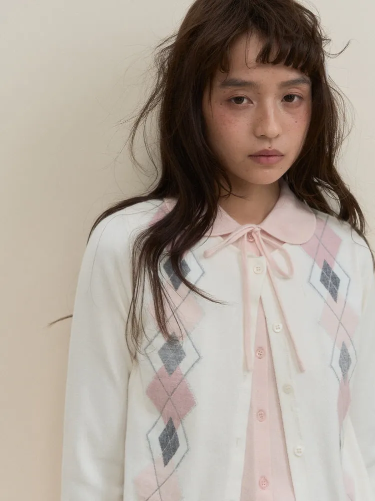 Argyle Ribbon Collar Knit Cardigan
