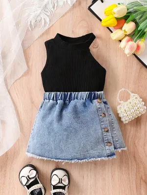 Baby Girls' Casual And Stylish Halter Top With Denim Skirt Outfit - FD
