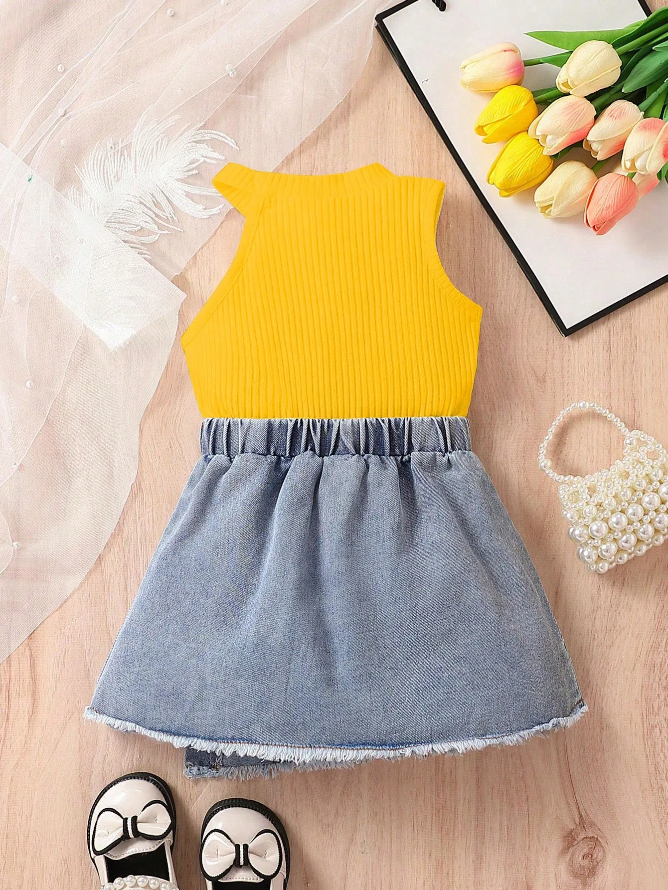 Baby Girls' Casual And Stylish Halter Top With Denim Skirt Outfit - FD