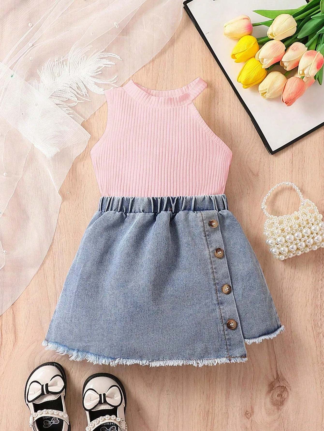 Baby Girls' Casual And Stylish Halter Top With Denim Skirt Outfit - FD