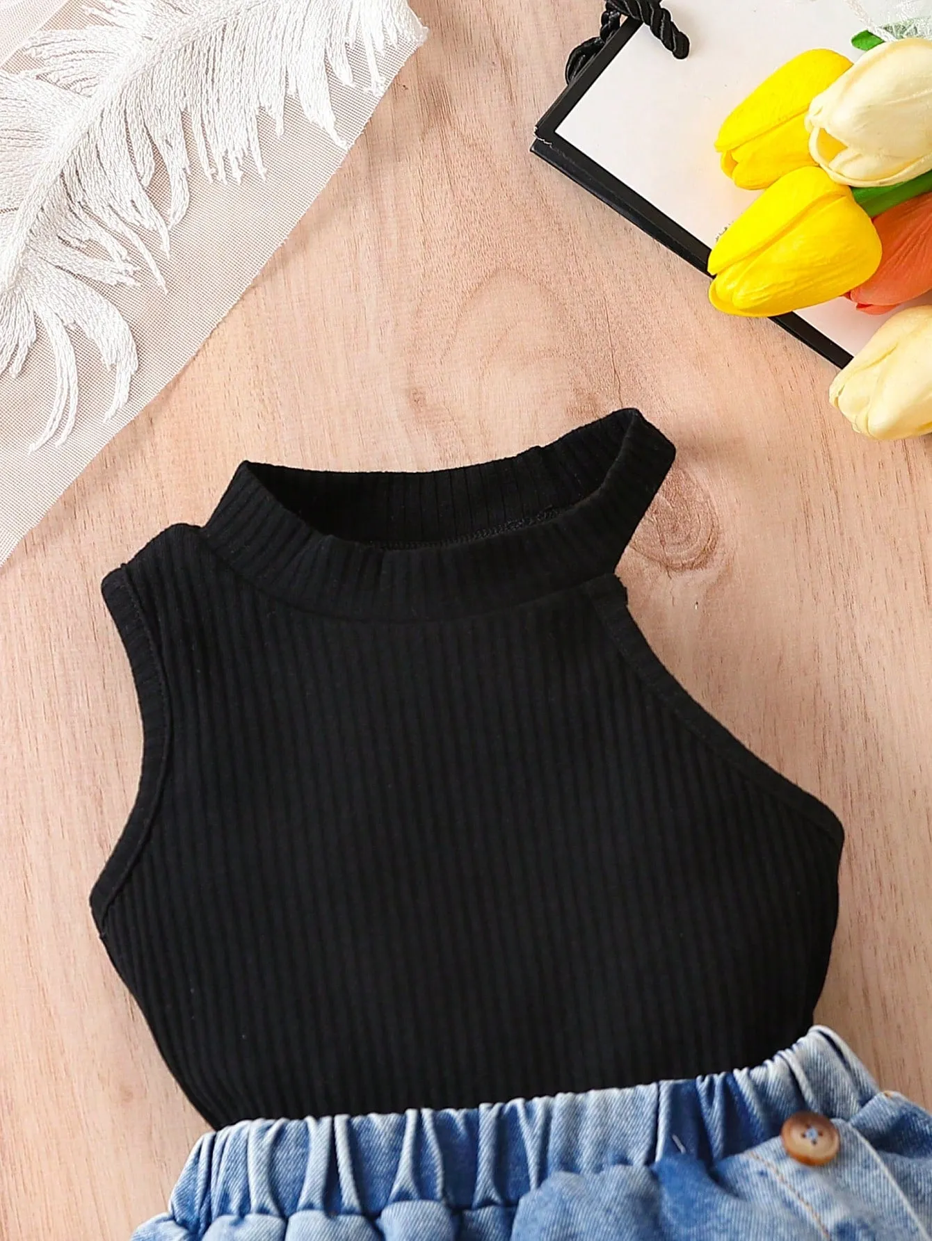 Baby Girls' Casual And Stylish Halter Top With Denim Skirt Outfit - FD