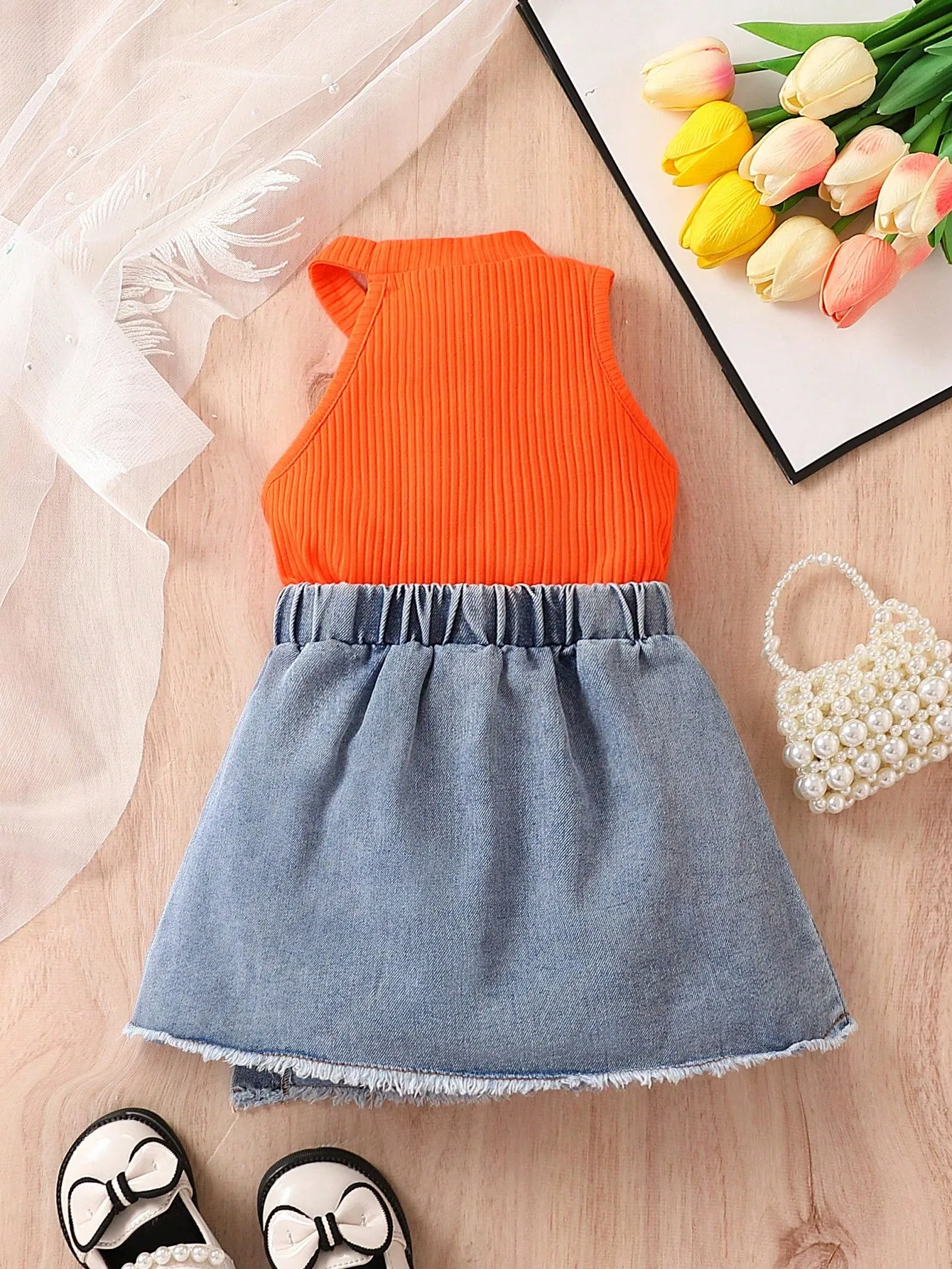 Baby Girls' Casual And Stylish Halter Top With Denim Skirt Outfit - FD