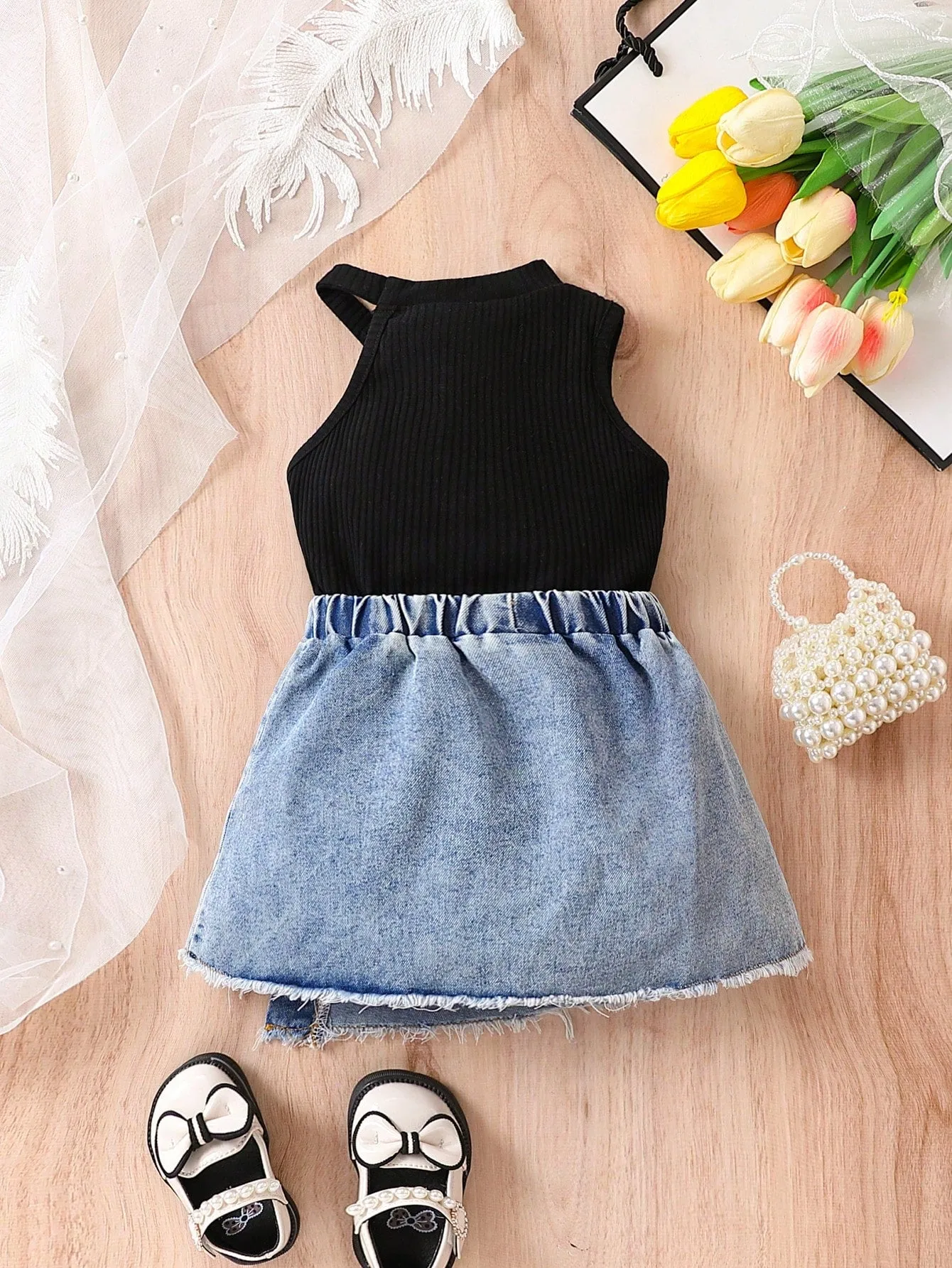 Baby Girls' Casual And Stylish Halter Top With Denim Skirt Outfit - FD