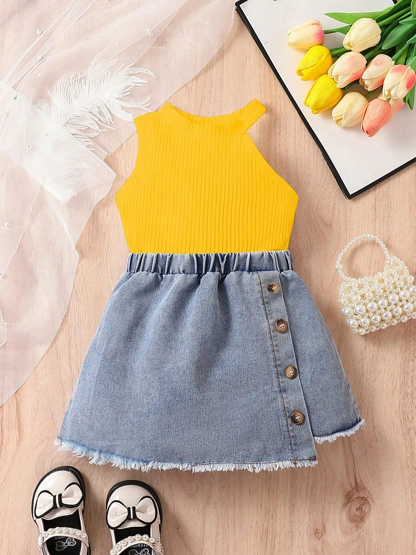 Baby Girls' Casual And Stylish Halter Top With Denim Skirt Outfit - FD