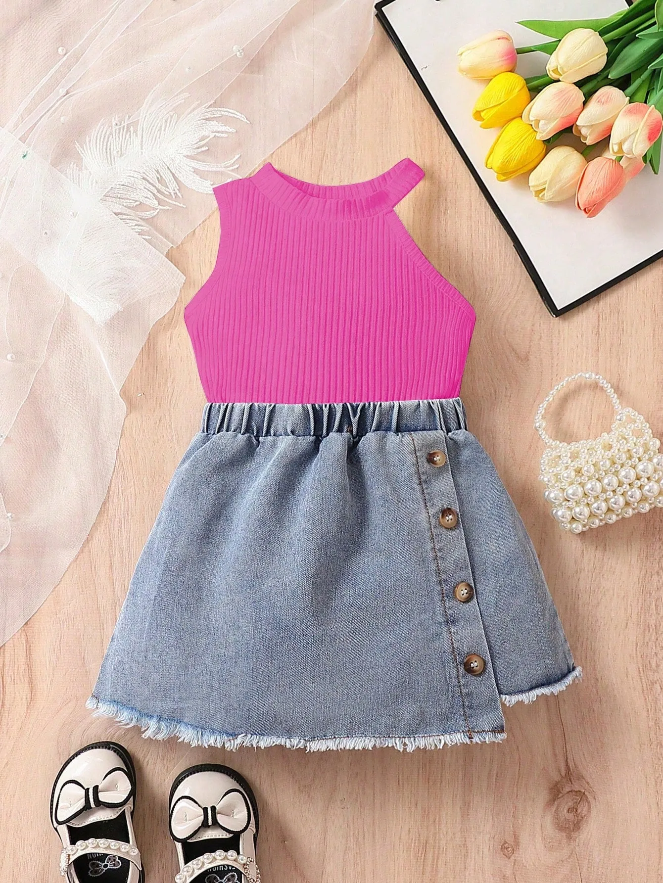 Baby Girls' Casual And Stylish Halter Top With Denim Skirt Outfit - FD