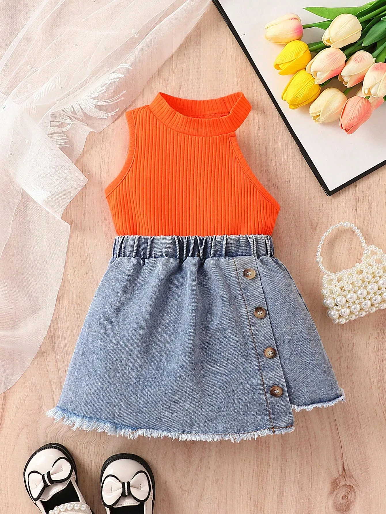 Baby Girls' Casual And Stylish Halter Top With Denim Skirt Outfit - FD