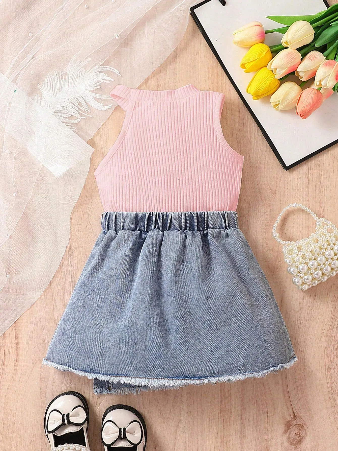 Baby Girls' Casual And Stylish Halter Top With Denim Skirt Outfit - FD