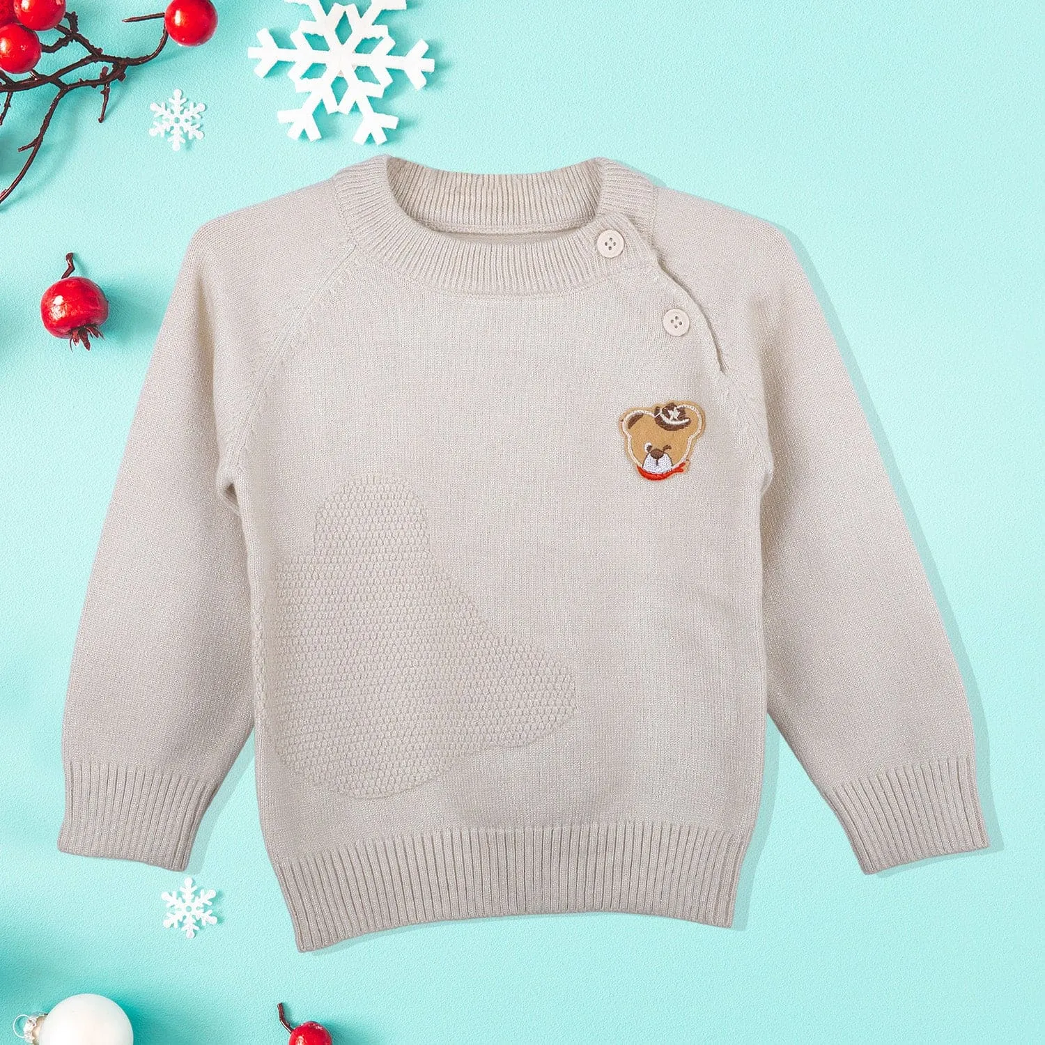Bear Embroidery Premium Full Sleeves Knitted Sweater - White