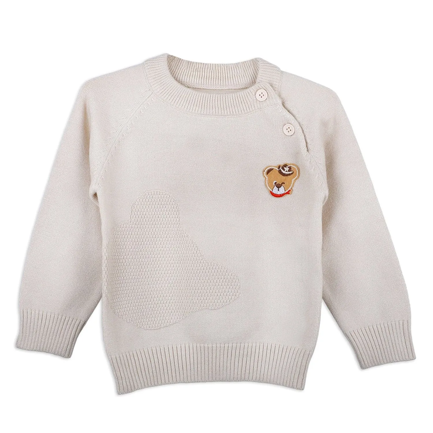 Bear Embroidery Premium Full Sleeves Knitted Sweater - White