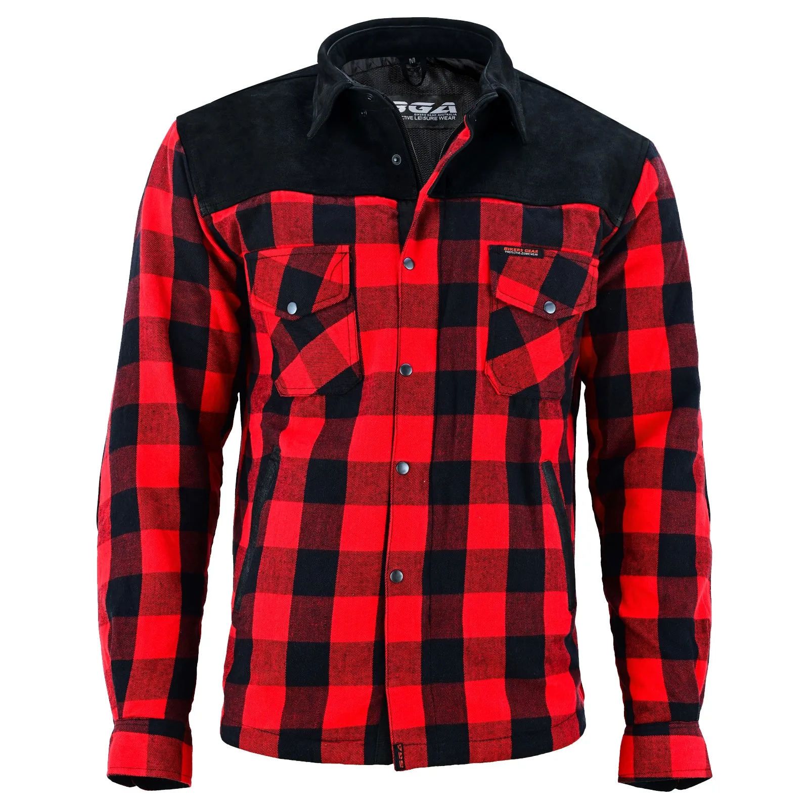 Bikers Gear Australia CE Rifster Lined with Kevlar Flannel Motorcycle Shirt Leather outside Pockets Red