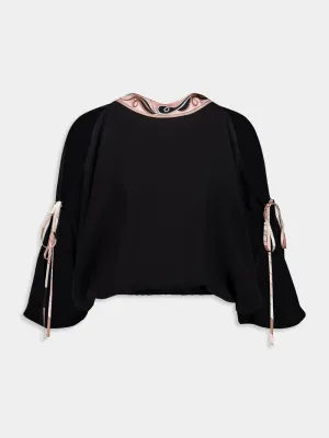 Black Cape Blouse with Printed Details