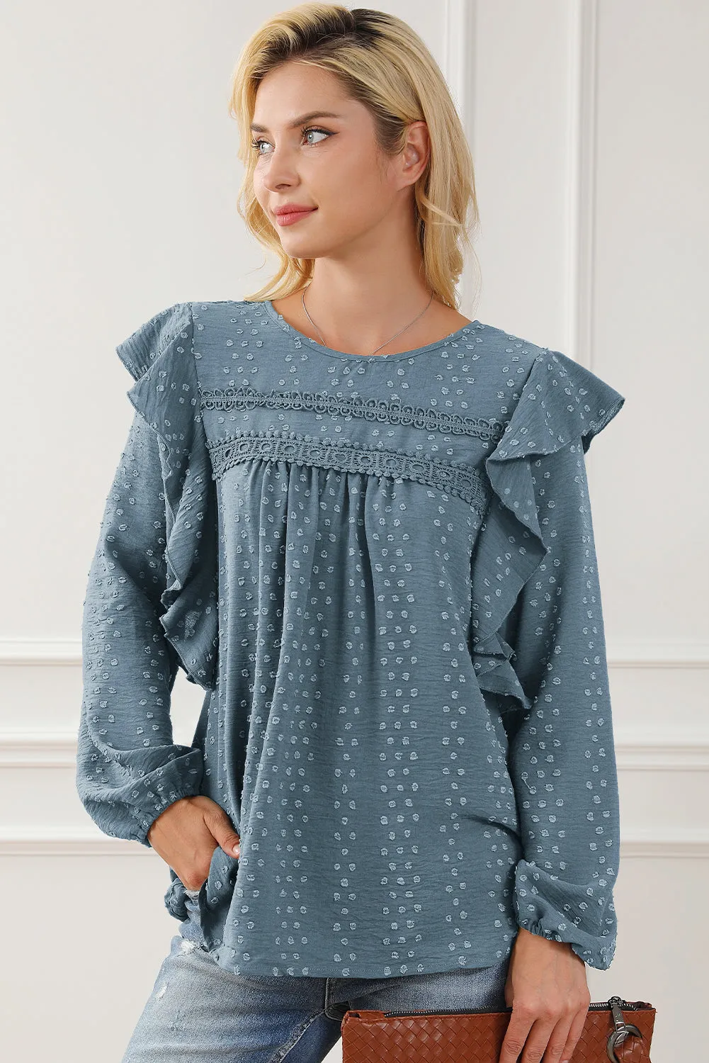 Black Lace Eyelet Ruffle Shoulder Long Sleeve Blouse