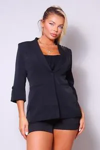 Black One Button Blazer Jacket & Belted Shorts Set