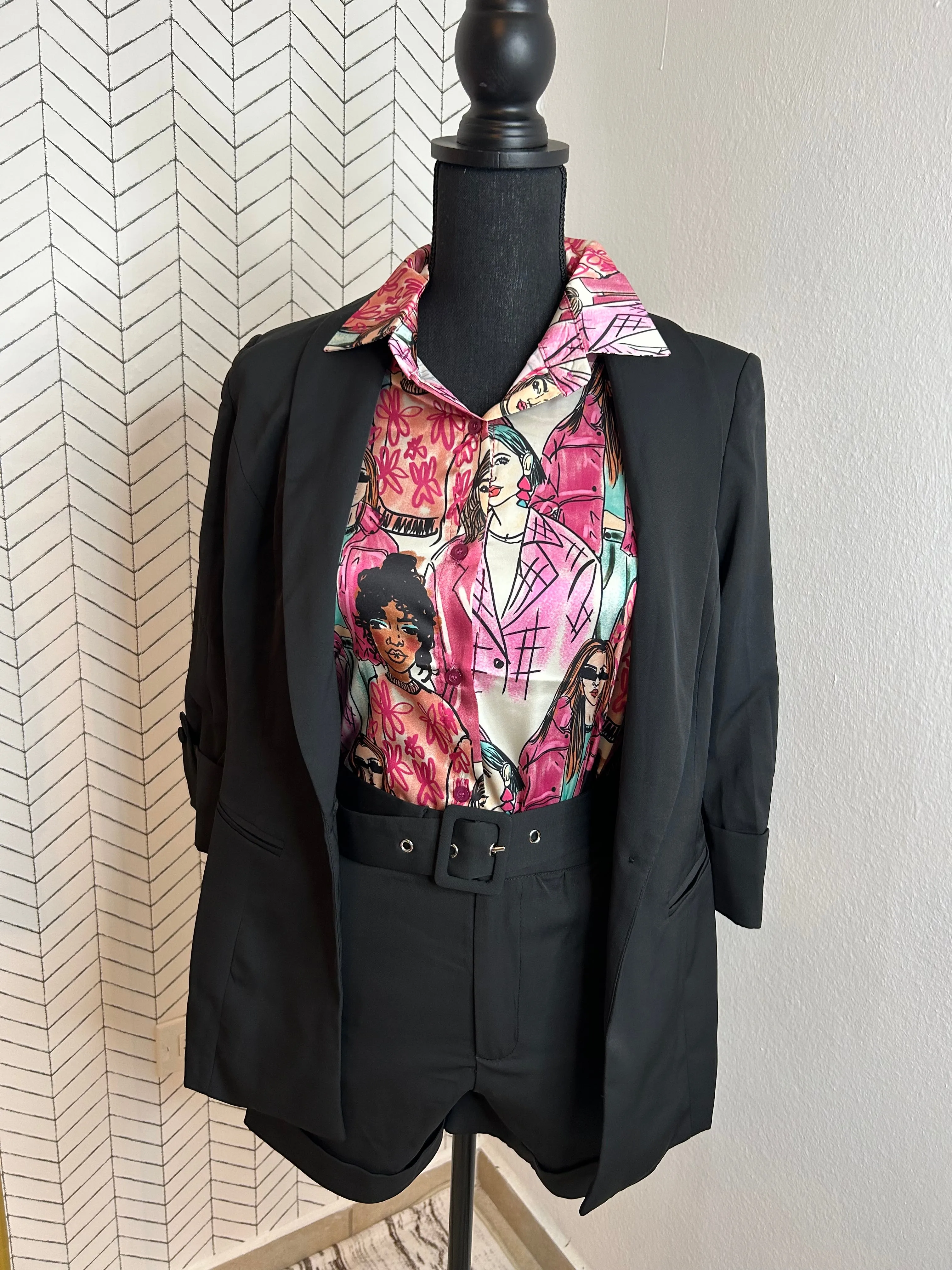Black One Button Blazer Jacket & Belted Shorts Set