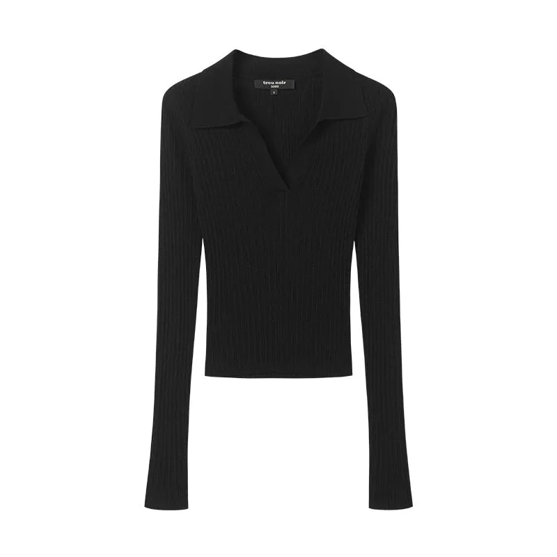 Black Ribbed V-Neck Sweater