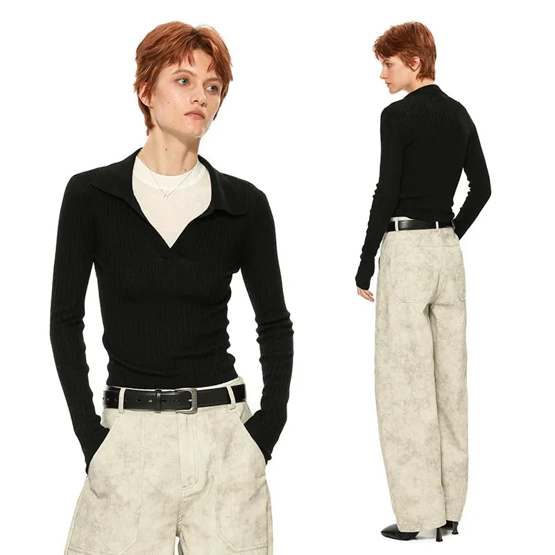 Black Ribbed V-Neck Sweater