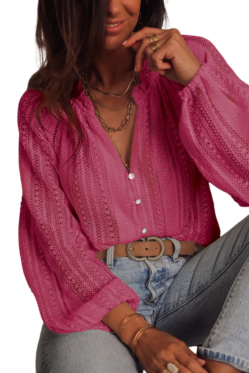 Black V-Neck Long Sleeve Button Up Lace Shirt