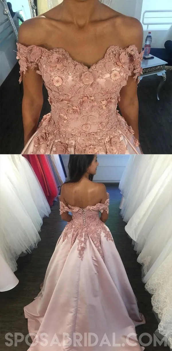 Blush Pink Women Off Shoulder Elegant Pretty Prom Dresses with Appliques ,PD1056