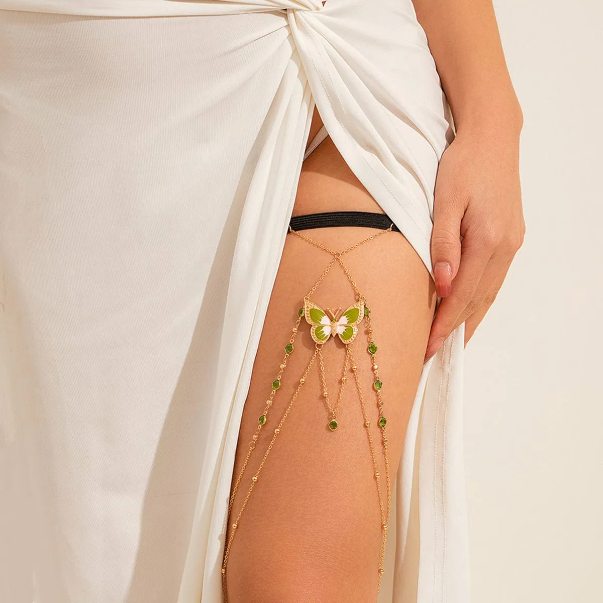 Boho Layered Enamel Butterfly Crystal Inlaid Elastic Saturn Thigh Leg Chain