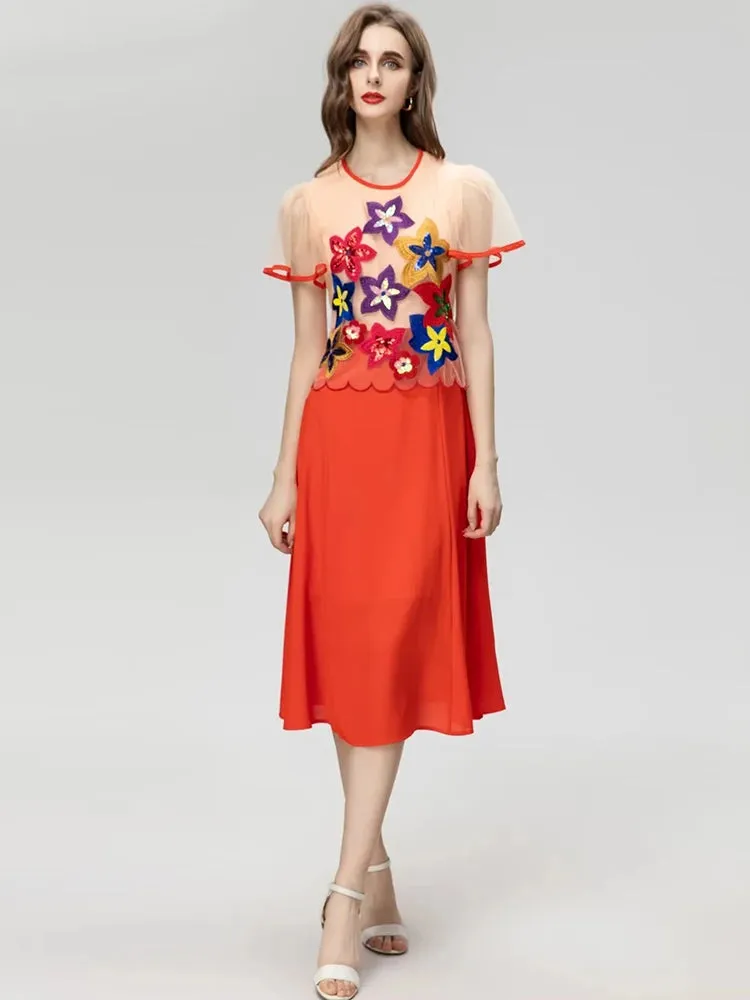Brynn Short sleeved Mesh Embroidered Sequin Patchwork Slim Elegant New Dress