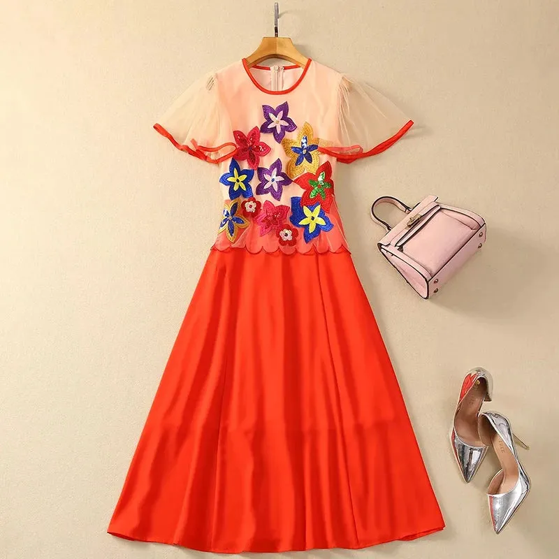 Brynn Short sleeved Mesh Embroidered Sequin Patchwork Slim Elegant New Dress