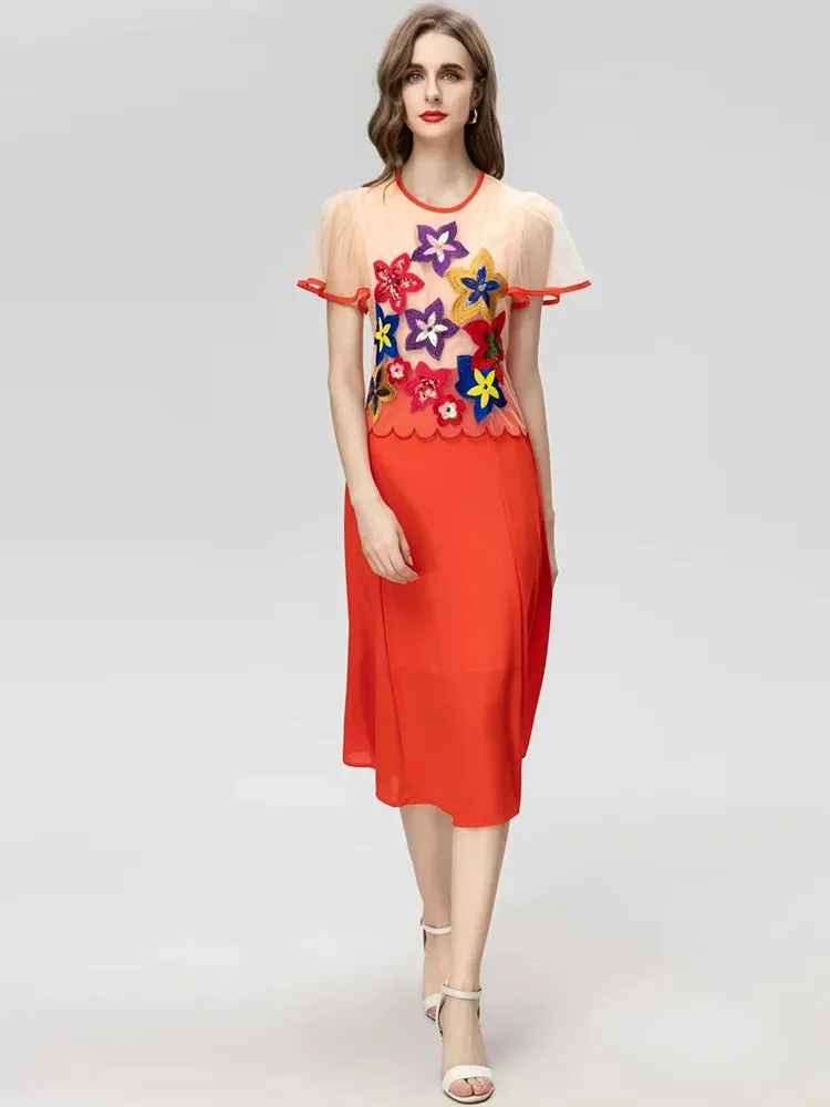 Brynn Short sleeved Mesh Embroidered Sequin Patchwork Slim Elegant New Dress