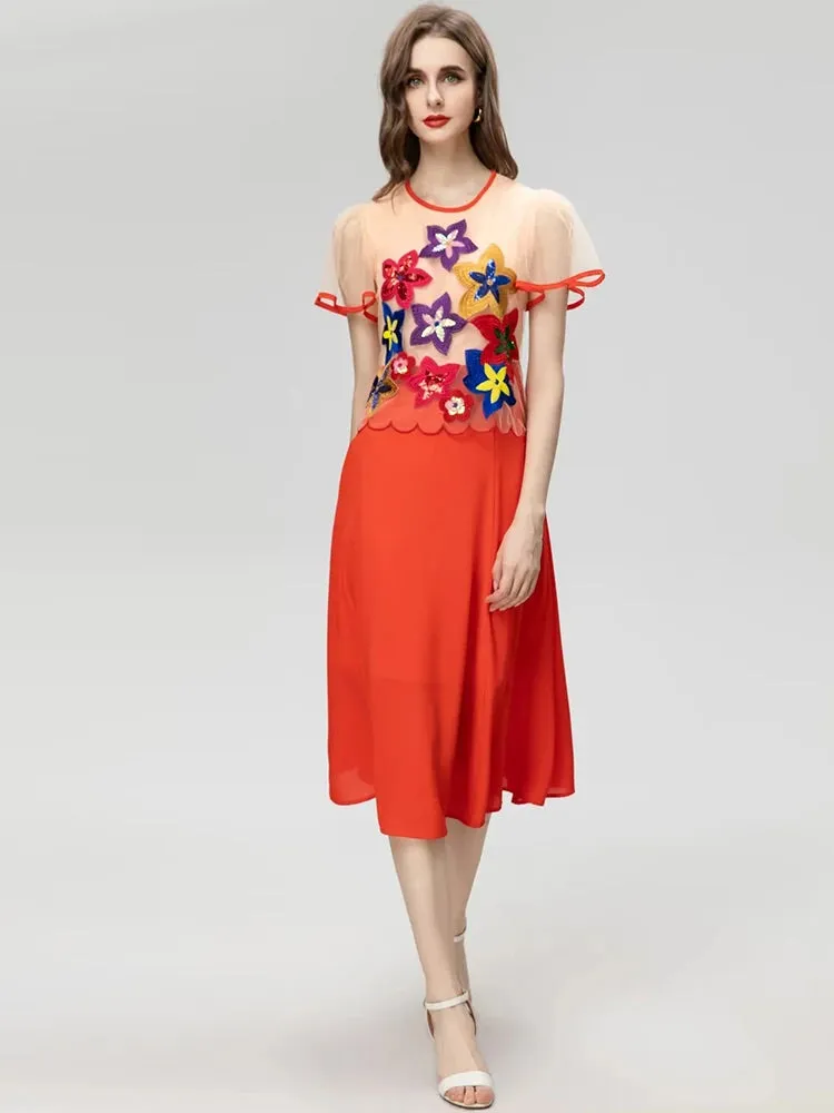 Brynn Short sleeved Mesh Embroidered Sequin Patchwork Slim Elegant New Dress