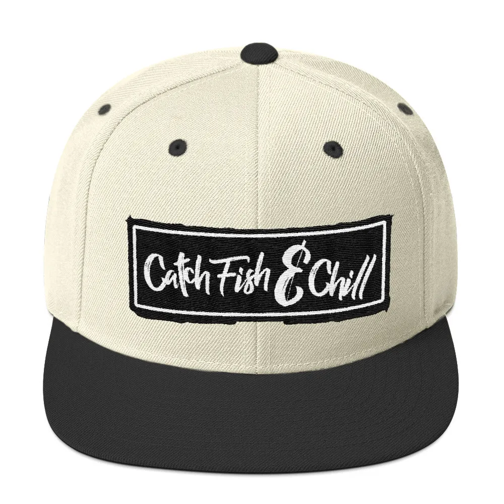 CATCH FISH & CHILL BOX LOGO BLACK FLAT BILL WOOL SNAP BACK