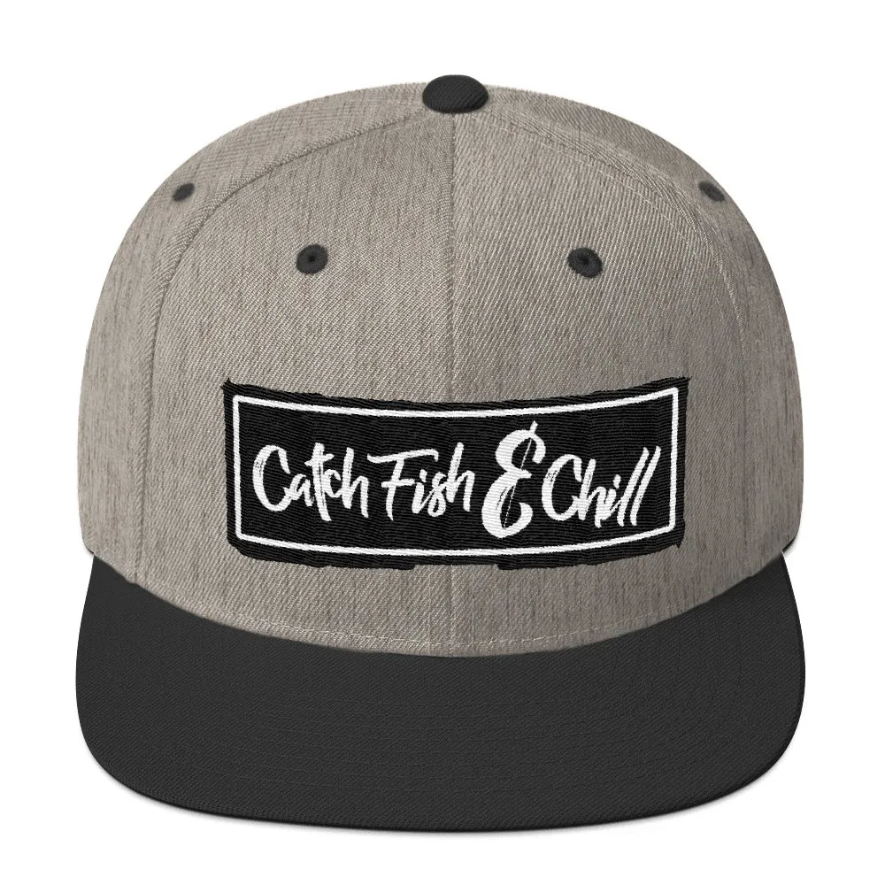 CATCH FISH & CHILL BOX LOGO BLACK FLAT BILL WOOL SNAP BACK