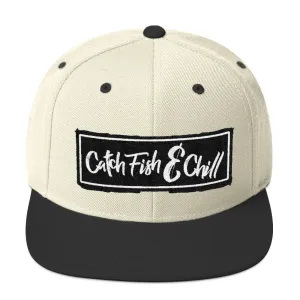 CATCH FISH & CHILL BOX LOGO BLACK FLAT BILL WOOL SNAP BACK