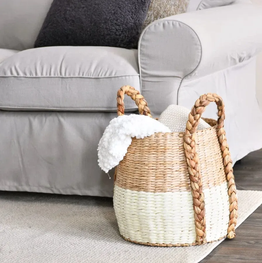 Cattail and Paper Terra Basket Two Tone Wicker Basket with Handles