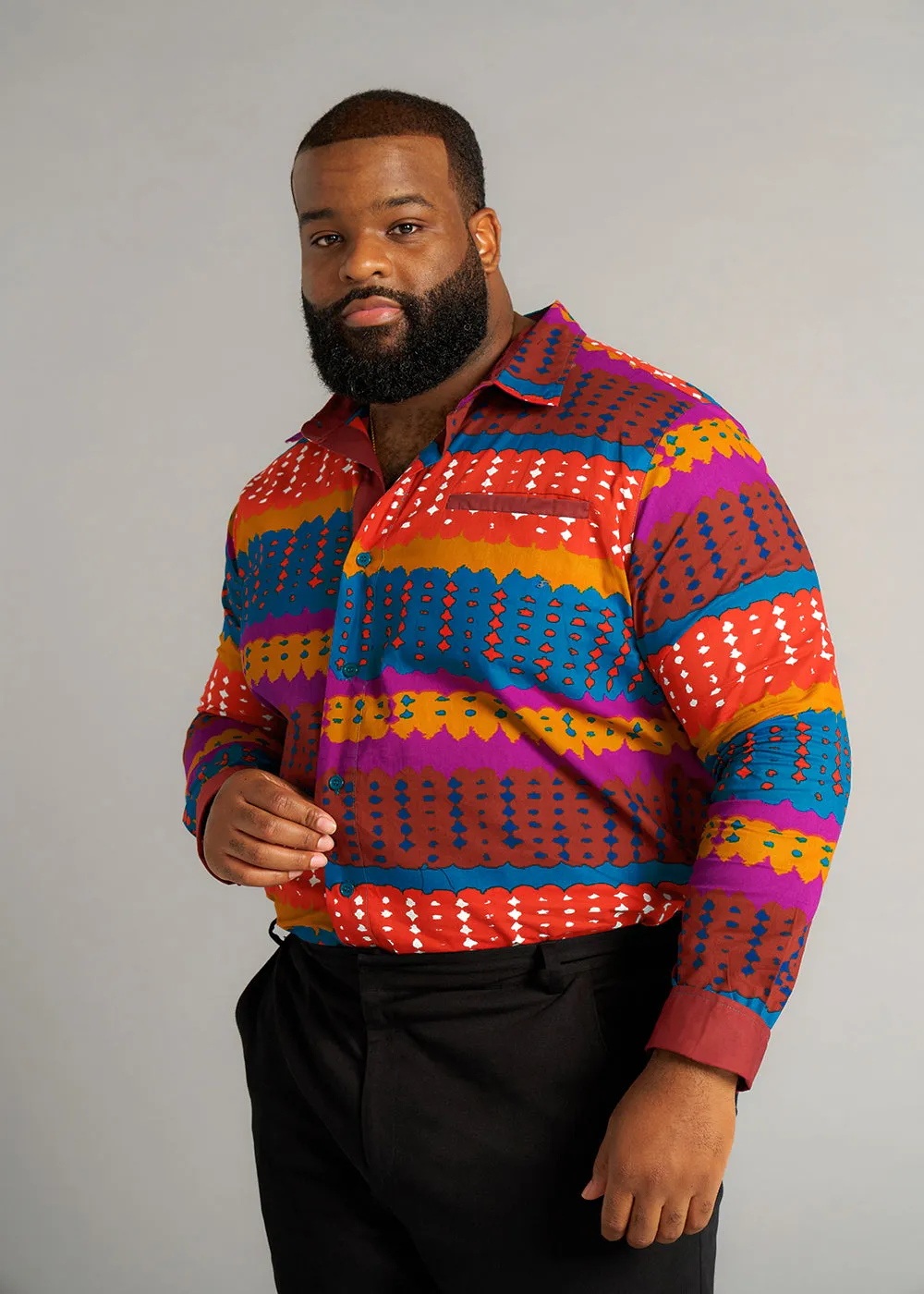 Chane Men's African Print Button-up Shirt (Orange Teal Adire) - Clearance