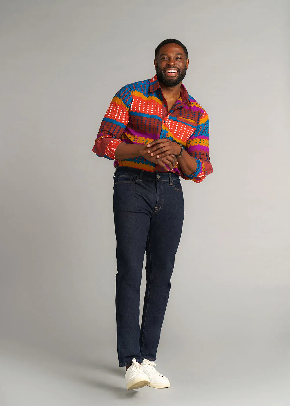 Chane Men's African Print Button-up Shirt (Orange Teal Adire) - Clearance